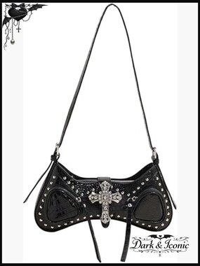 Y2k Studded Cross Shoulder Handbag Punk Top Handle Crescent Underarm Purse